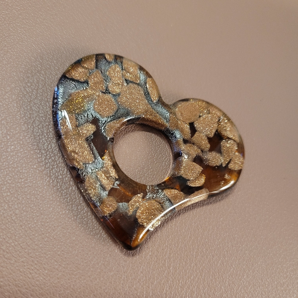 Heart-Shaped Brown and Gold Glass Pendant